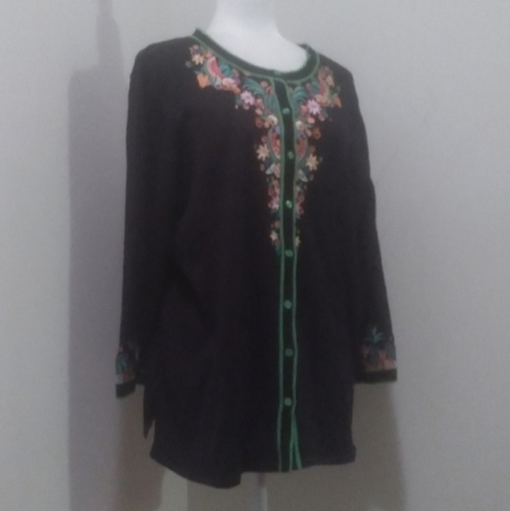 Bob Mackie Womens Embroidered Fruit Motif Cardigan